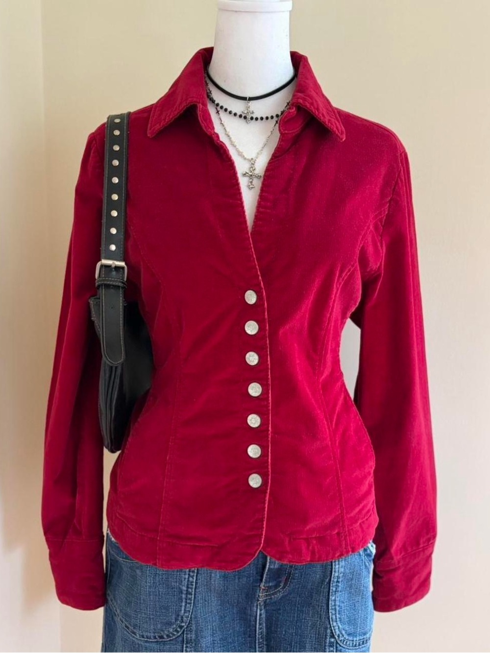 Vintage Y2K red velvet corduroy jacket vamp cyber subversive grunge blouse S-M - Picture 3 of 11